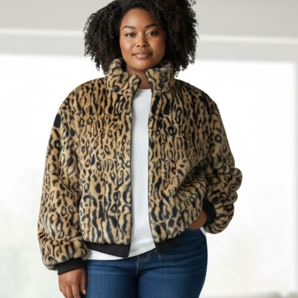 The Drop Leopard Print faux fur Bomber Jacket 2 XL - Picture 1 of 7
